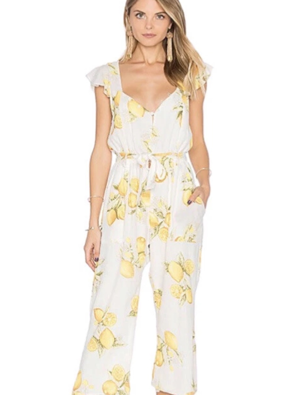 For Love And Lemons White Lemon-Print Tie-Waist Jumpsuit